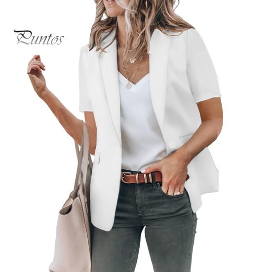 Women Casual Suit Coat Lapel Short Sleeve Single Button Suit Jacket Solid Color Flap Pockets Summer Business Outwear