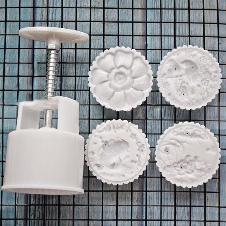 Chinese Traditional Mid-Autumn Mooncake Mold Set 4Pcs Different Round  Flower Patterns for Mooncake Biscuit Stamping