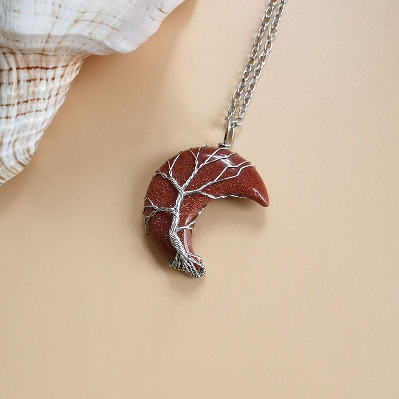 Natural Crystal Pendant Wire Wrap Tree Of Life Big Moon Crescent Mineral Stone Pendulum Amethyst Quartz Necklace For Women Gift