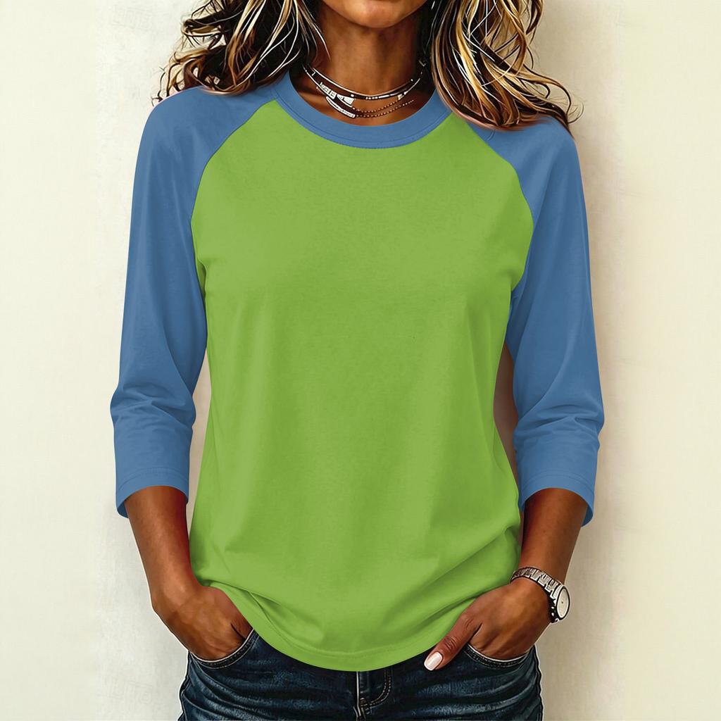 Women's Casual Color Block Pullover T-Shirt, Raglan 3/4 Sleeve, Round Neck, Lightweight Top for Summer, Spring, and Fall