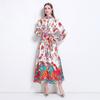 Spring Autumn Women Plus Size Print Designer Runway Dress Oversized Loose Single Breasted Long Maxi Lace-up Holiday Beach Dress