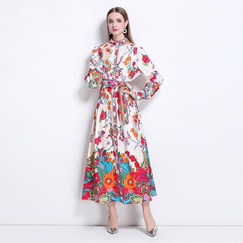 Spring Autumn Women Plus Size Print Designer Runway Dress Oversized Loose Single Breasted Long Maxi Lace-up Holiday Beach Dress