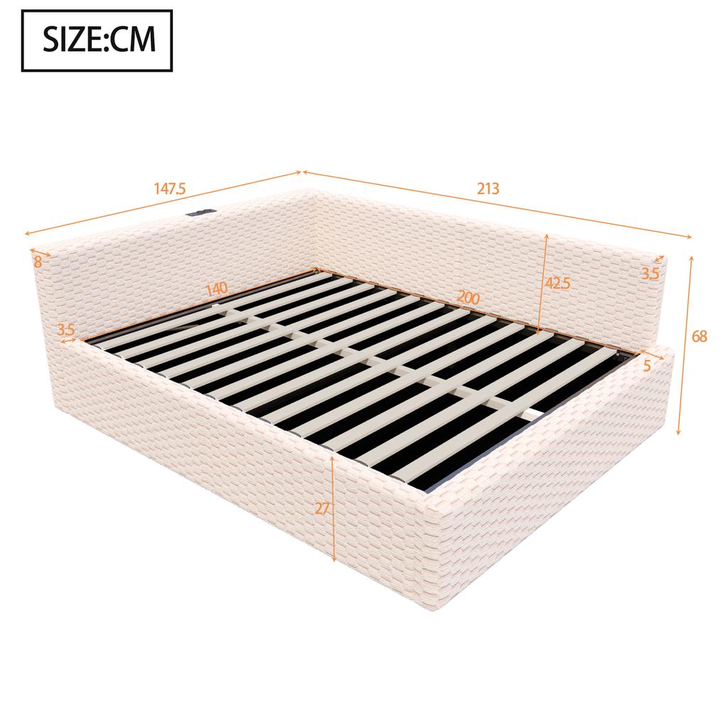 Letto imbottito 140 x 200 cm con illuminazione a LED, porte Type-C e due USB, schienale angolare a L, velluto, telaio letto idraulico Beige (Materasso non incluso)