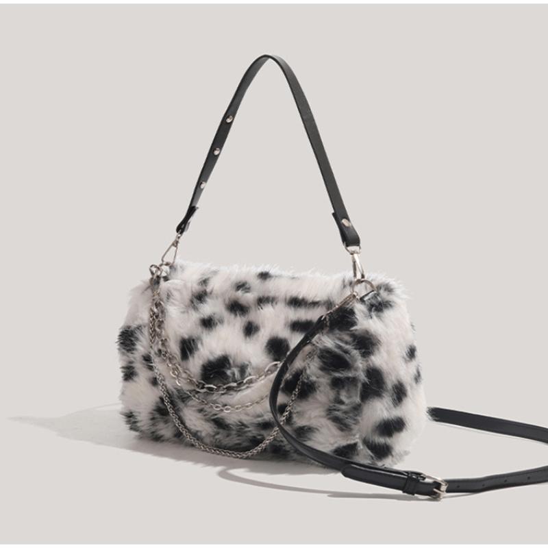 Plush Leopard Print Shoulder Bag For Women New Fashion Winter Warm Chain Handbag Niche Zippered Versatile Casual Crossbody Bag
