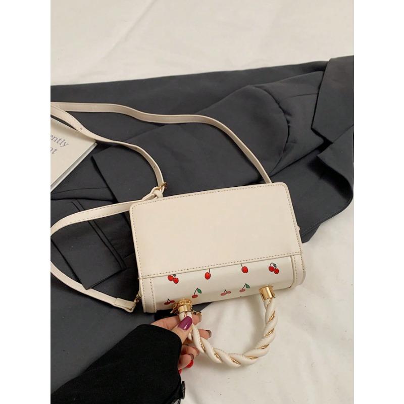 Fashionable High-End Pu Tote Bag With Versatile Square Shape And Cute Cherry Print, Perfect For Shopping, Dating Or Cross-Body For Girls