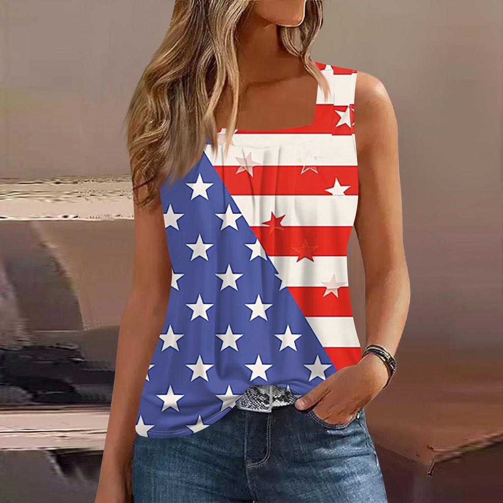 Dámské letní ležérní plisované tílko bez rukávů se čtvercovým výstřihem s potiskem