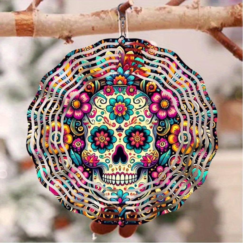 Handbemaltes Metall Totenkopf Windspiel mit Blumendesign Outdoor Hängedekoration für Halloween Weihnachten Thanksgiving Garten Hof Feiertag