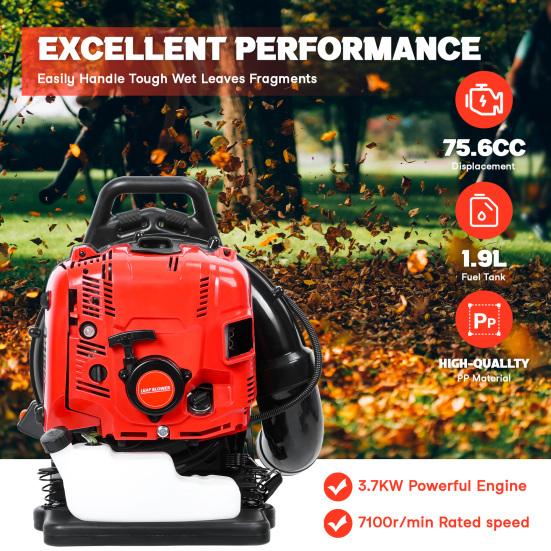 Leaf Blower, 75.6CC 4-Stroke Backpack Gas Leaf Blower, Snow Blower, Up To 900 CFM and 210 MPH, Variable Speed, Cruise Control (Red)