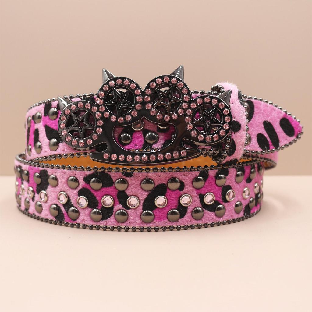 Leopard Print Rhinestone Knuckle Duster Punk Belt - Y2K European & American Style Women's Decorative Accessory