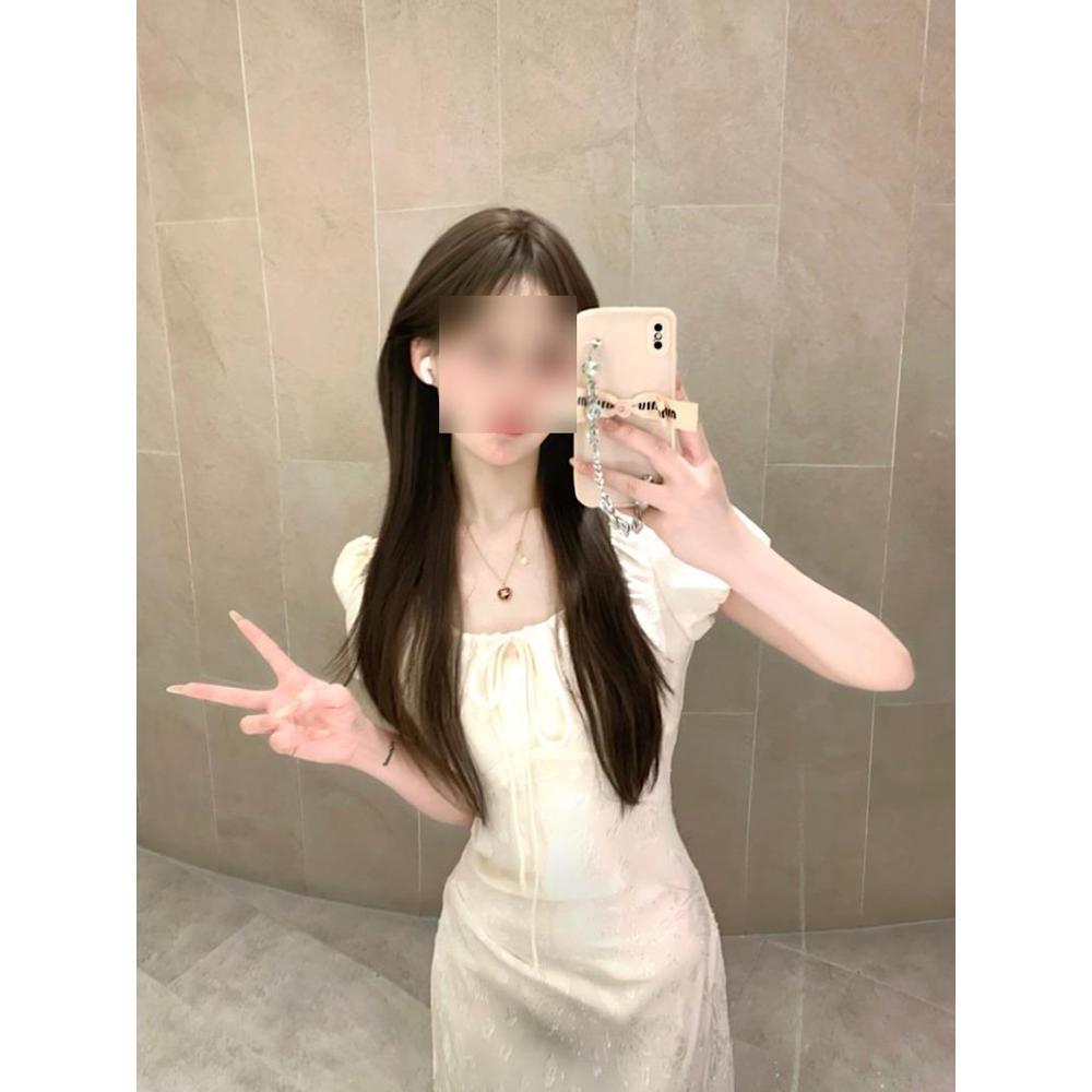 Gentle wind jacquard short-sleeved dress women's summer niche casual elegant lace-up temperament hip skirt long dress