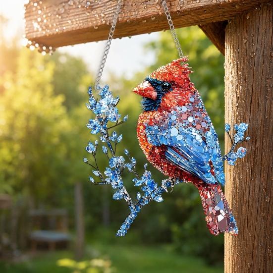 Red Bird Sun Catcher, 2D Acrylic Bird Hanging Decoration, Stained Glass Style Bluebird Suncatcher for Indoor Window Front Porch Decor