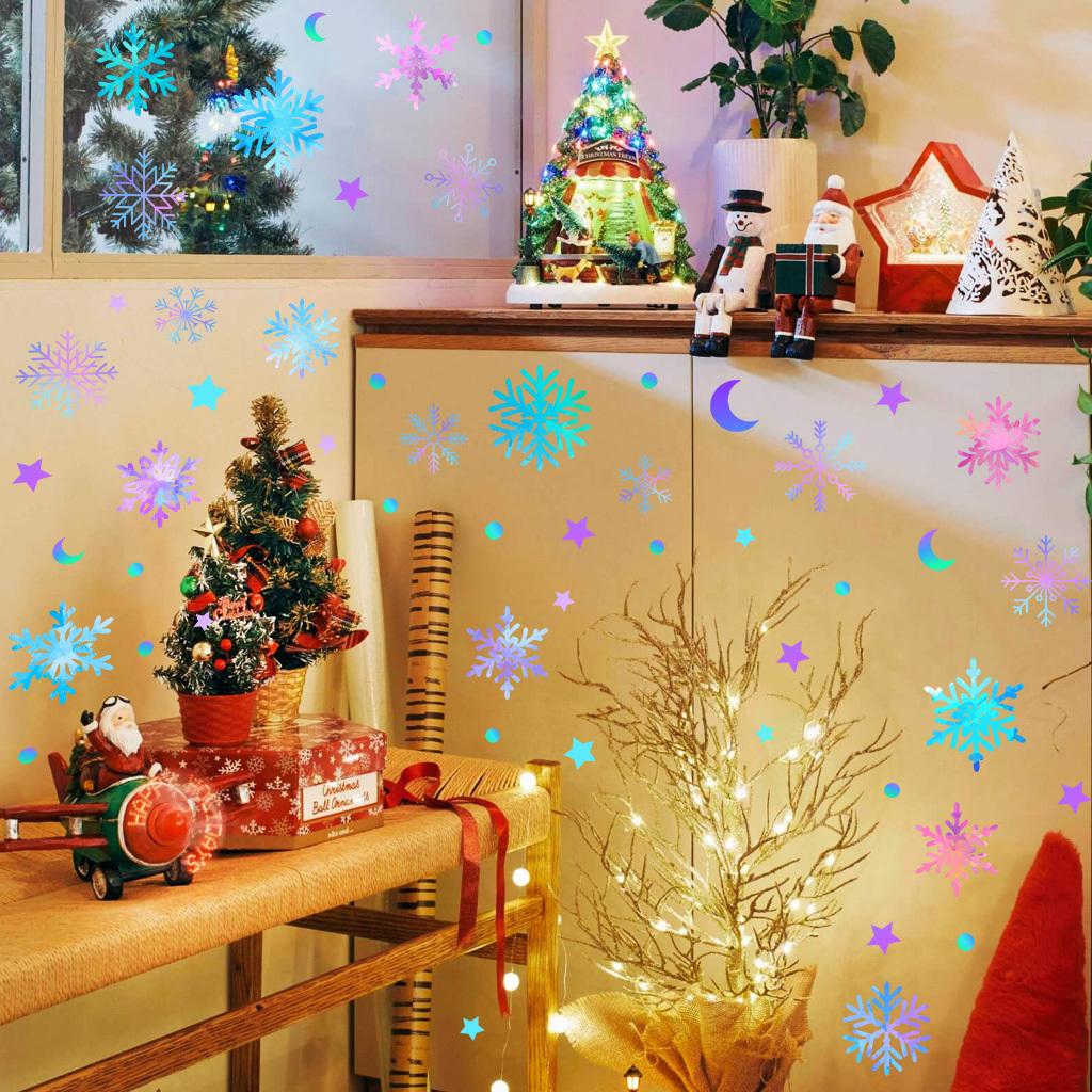Luminous Christmas Wall Stickers 20 Snowflakes Moon Stars Self-Adhesive PVC for Bedroom Living Room Glass Home Decor