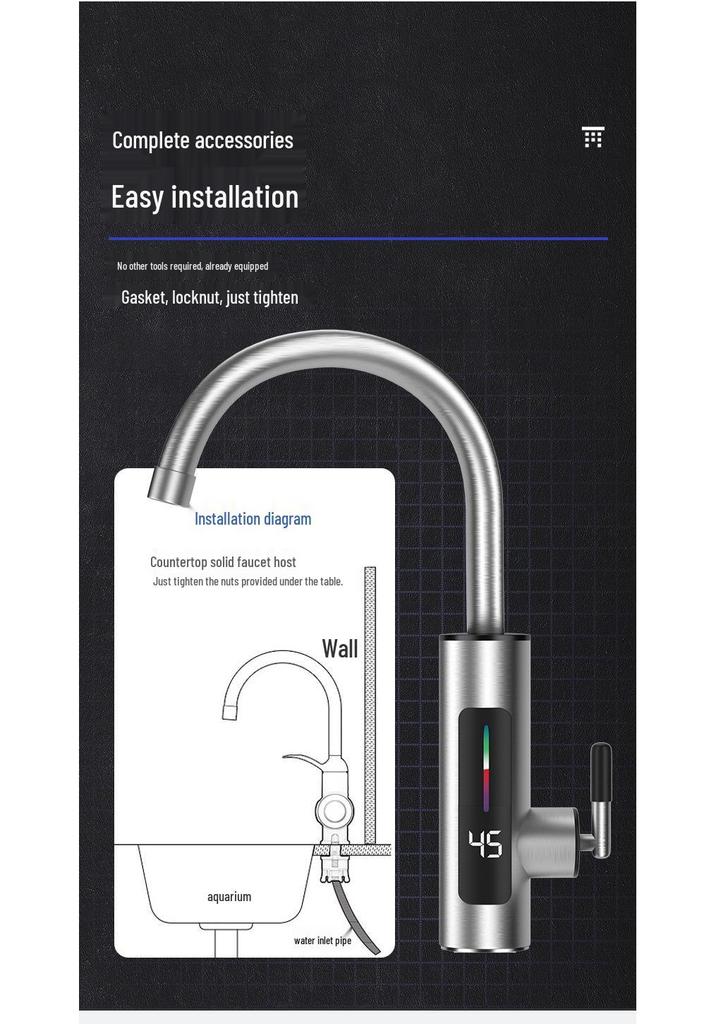 Stainless Steel Electric Instant Hot Water Faucet with Digital Temperature Display for Dual Cold/Hot Use