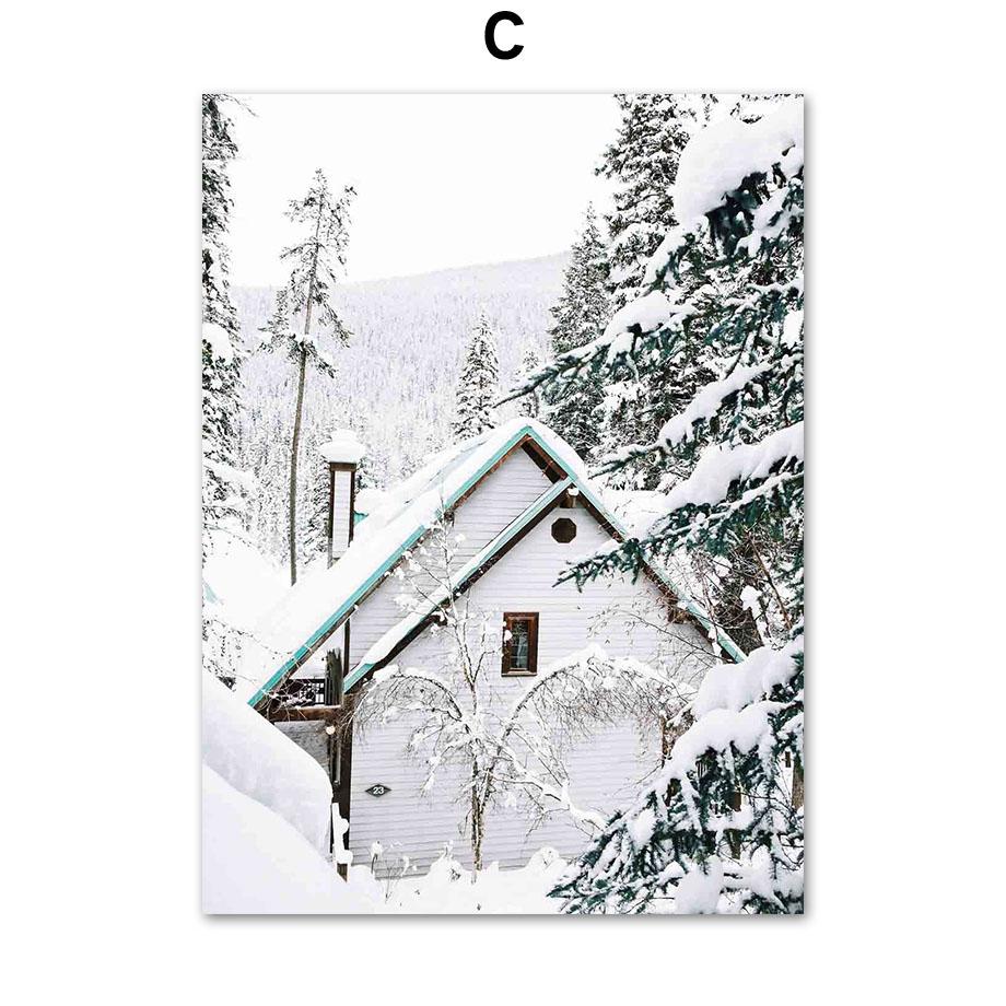 Vinter Snø Skog Fjell Furutre Elg Hjort Veggkunst Lerretsmaleri Plakater og utskrifter Veggbilder til stuedekor