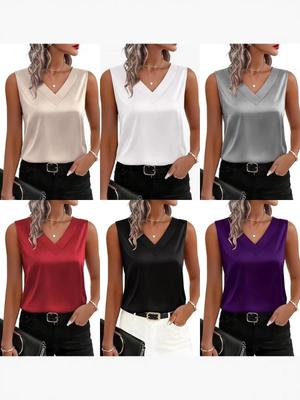 Women's V-Neck Silk Satin Camisole - Sleeveless Formal Business Shirt