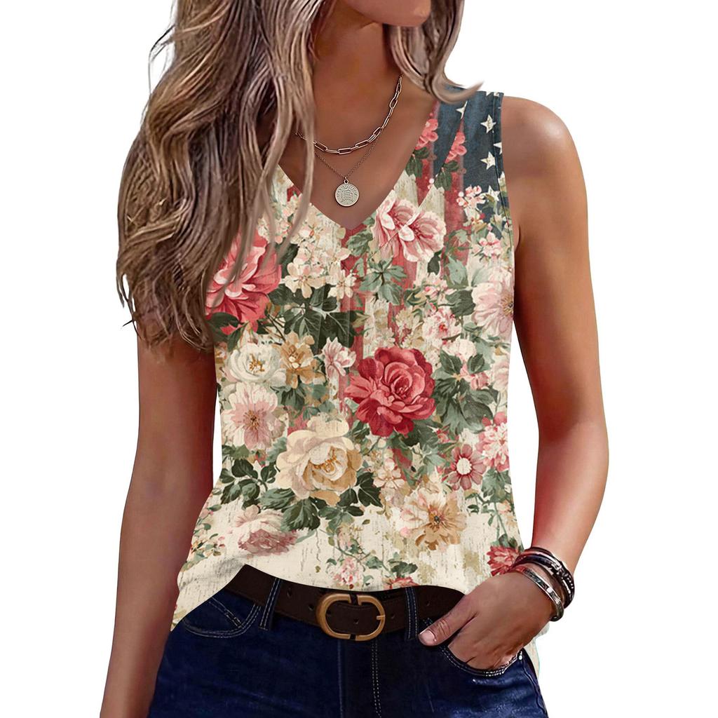 V-Neck Tank Top Women Print Tank Tee Casual Loose Fit Sleeveless Shirt