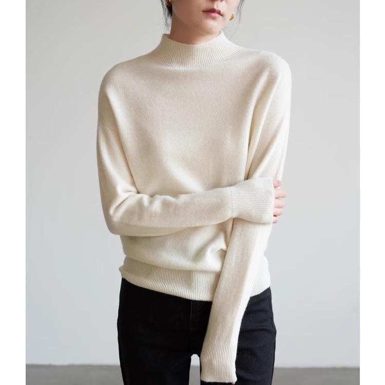 Women's Winter White Knitwear: Heavyweight Cashmere, Raccoon Fur, Half-High Neck Base Layer
