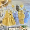 Summer Outfit Sweet Beauty Children's Plaid Dress Korean Baby Girl Dress Men's and Women's Vest Shorts Set