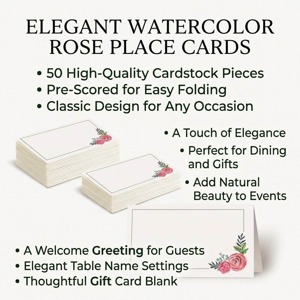 50Pcs Rose-Printed Blank Table Cards for Wedding Party Place Cards Handwritten Name Sign In Table Decoration