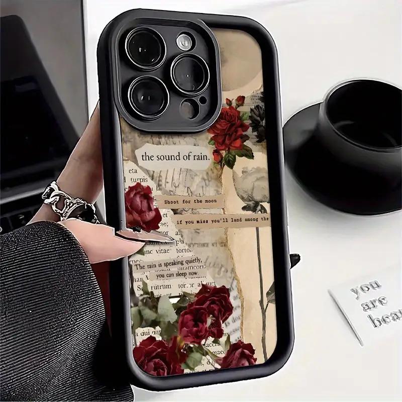 

Vintage Red Floral Newspaper Print Silicone Phone Case For iPhone 17 16 15 14 13 12 11 Pro Max XS X XR 7 8 Plus 16E 17 Air Cover iPhone SE (2020)