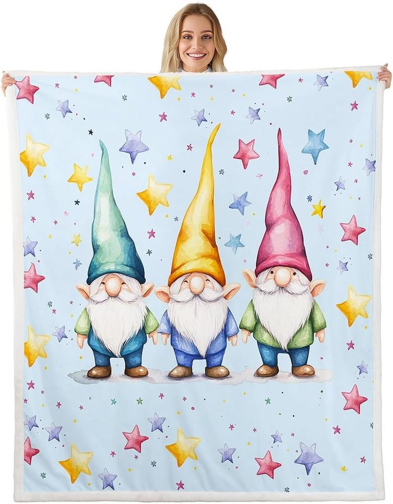 Cartoon Gnomes Fleece Blanket,Dwarf Throw Blanket Throw for Bedroom Living Rooms Sofa Couch,Colorful Stars Sherpa Blanket