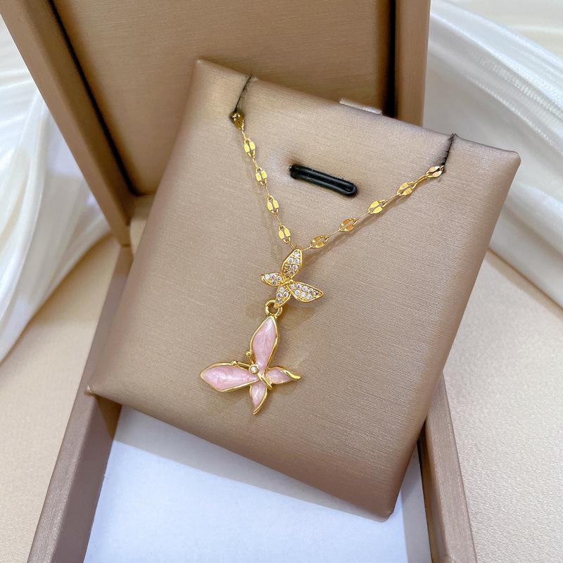 Full Diamond Oil Drop Butterfly Light Luxury Temperament Gorgeous Full Diamond Necklace Female Versatile Collarbone Chain Titanium Steel Chain