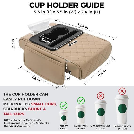 FREESOO Car Center Console Cover, Leather Armrest Cover For Car, Universal Middle Console Cushion With Storage Box, Cup Holder, Tissue Box & Phone