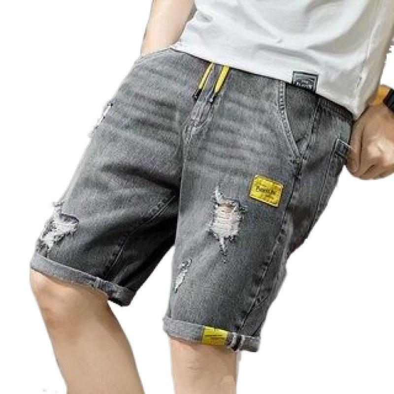 Pánské trendy roztrhané džínové šortky 2007: Elastický pas, Volný střih, Střední délka, Styl pěti bodů.