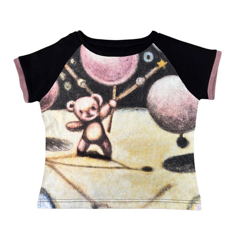 

Y2K Streetwear футболка с контрастным принтом длиной до плеч, короткими рукавами и круглым вырезом для весны и лета, американский топ для горячих девушек S чёрный