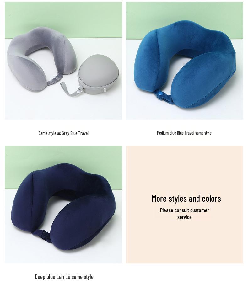 Blue Travel U-Shape Memory Foam Pillow: Foldable, Portable Neck Support with Buckle, Perfect for Naps.
