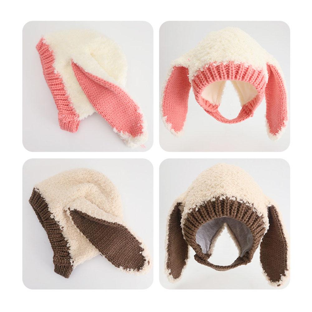 Winter Warm Earflap Hat Cute Cartoon Long-eared Rabbit Contrast Color Knitted Cap