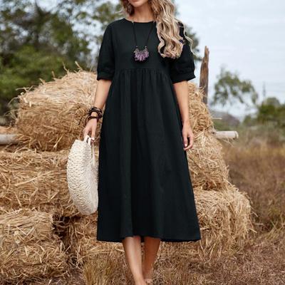 Vestidos Longos de Verão Femininos Cor Sólida Cintura Solta Algodão Linho Gola Redonda
