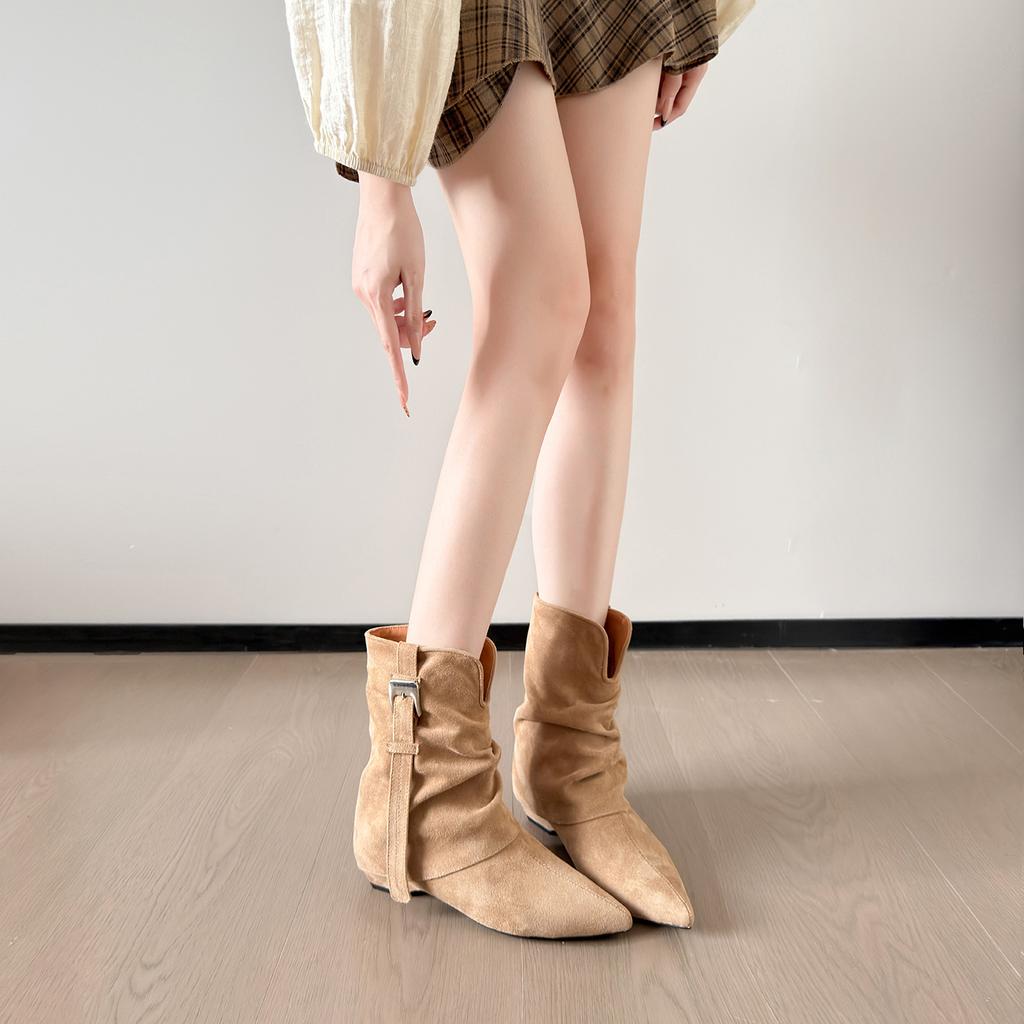 Retro Versatile Pointed Short Boots Women's New Belt Buckle Pleated Piled Boots Thick Heel Temperament Spice Girl Style Trouser Tube Boots