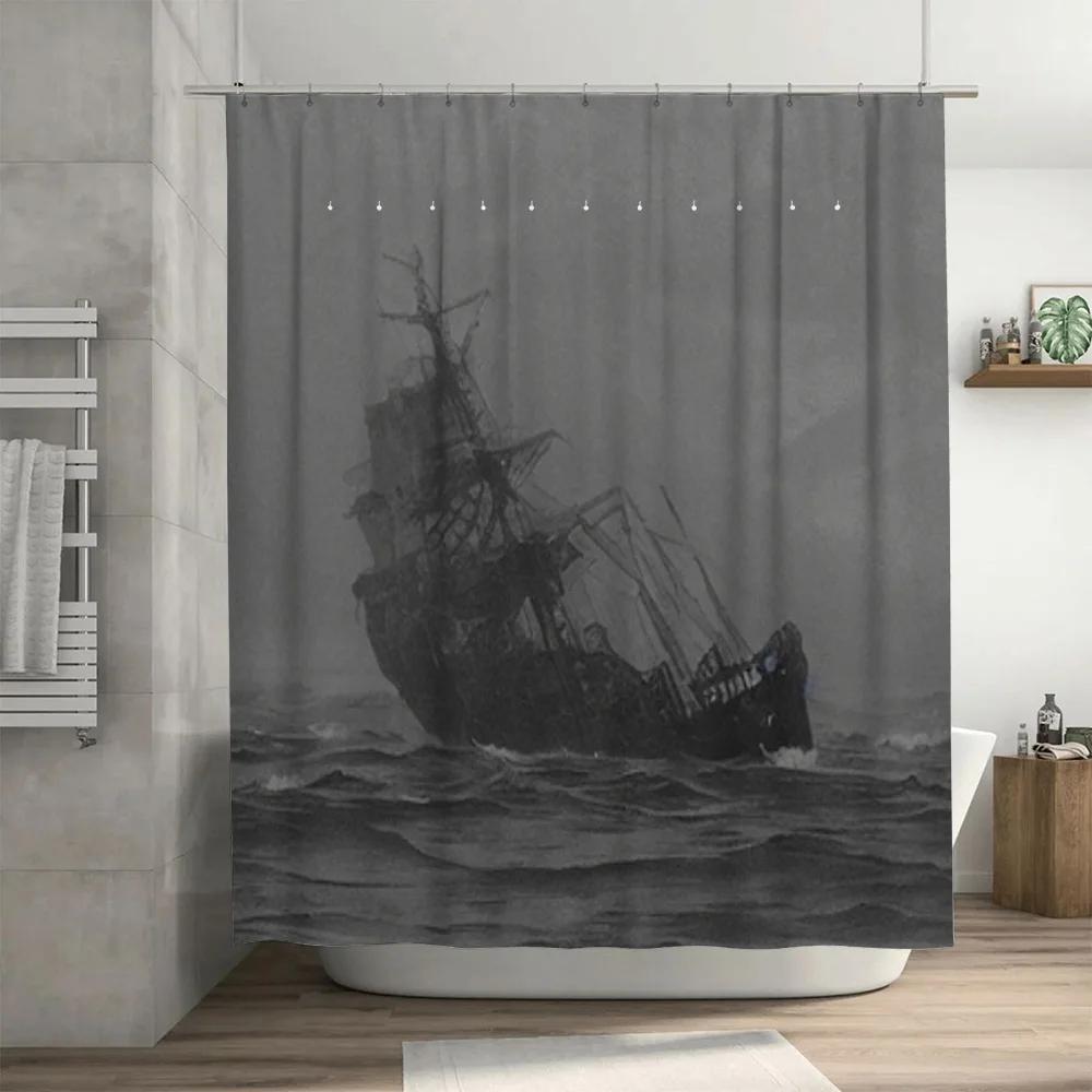 Duschvorhang Grau Piratenschiff Dunkle Fantasy Badezimmerdekoration Wasserdicht Heimdekoration Modern Weiß Badewannen-Set Badezimmer Duschvorhangstange