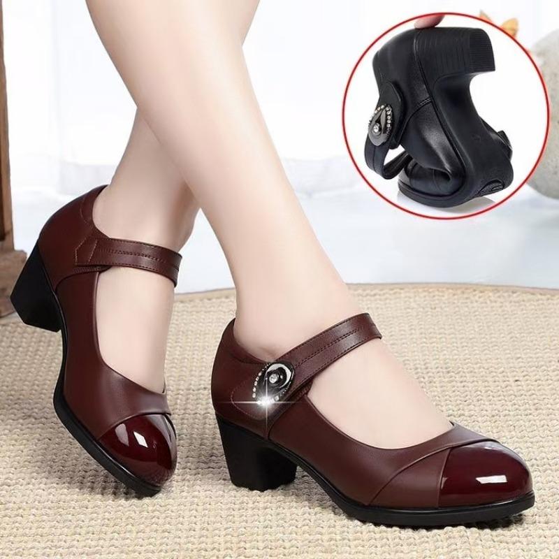 New Women Classic Light Weight Round Toe Black Pu Leather Square Heel Pumps for Office Lady Shoes High Heel Pumps