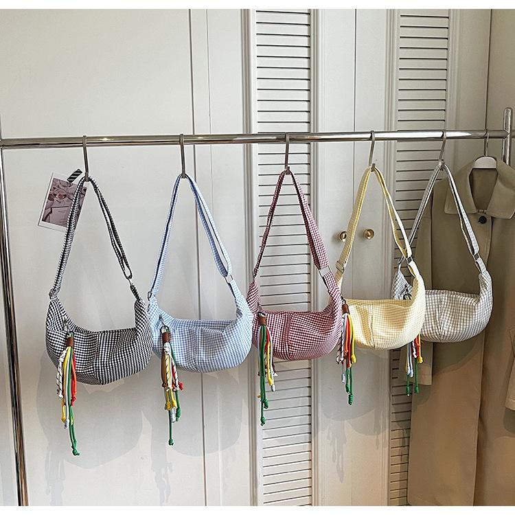 Simple Plaid Hobos Shoulder Bags for Women Large Capacity Ladies Crossbody Bag Casual Student Handbag Tote Colorful Rope Pendant