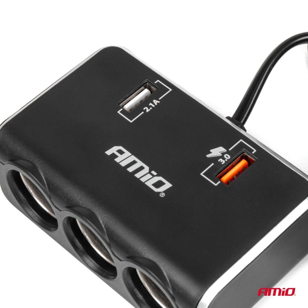 Cigarette lighter socket splitter with charger 2x USB-A QC3.0 12V 24V 120W 80cm AMIO-04364