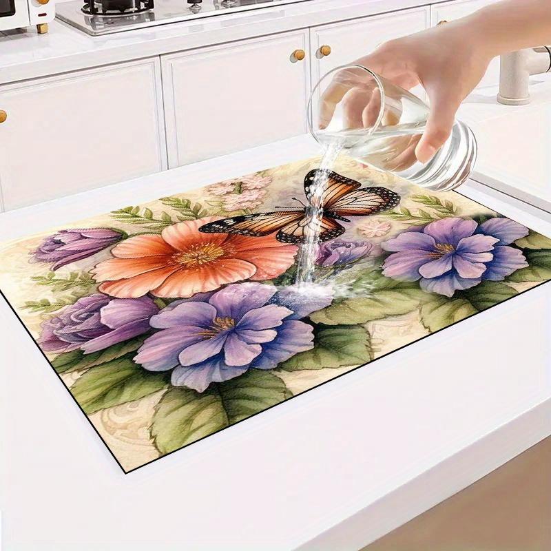 1Pcs Rubber Drying Mat With Flower Pattern For Coffee Shop Restaurant Kitchen Carpet Tableware Durable Diatom Mud Table Mat Pet Mat Coffeeware