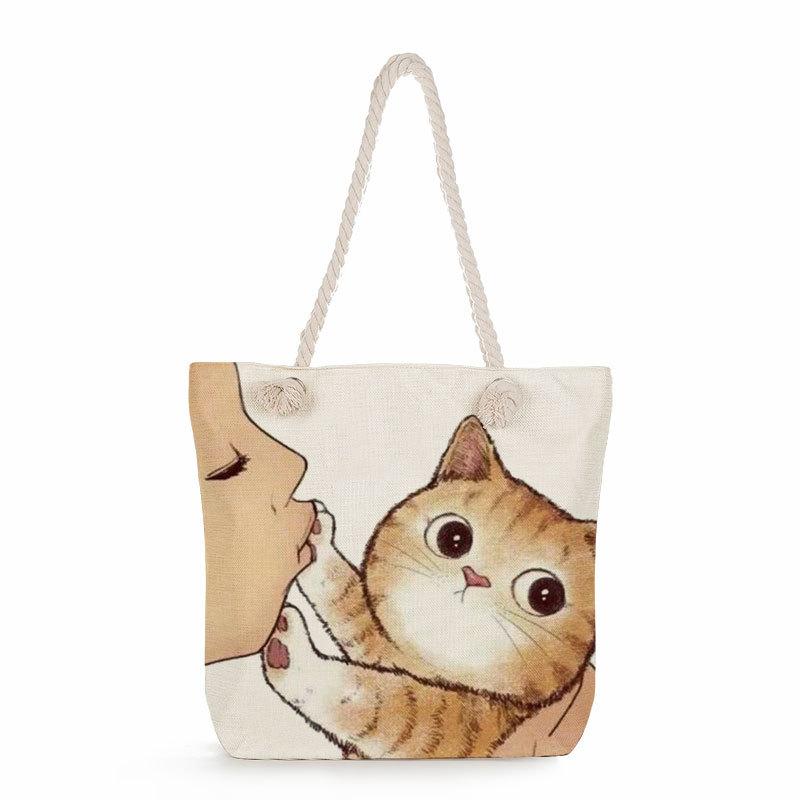 Multifunctional Cute cat Printed Thick Rope Shoulder Beach Bag 7584