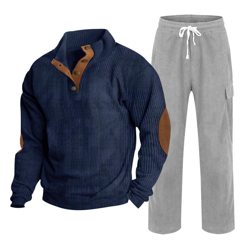 Herren Herbst/Winter Neuankömmling Sportbekleidung Zweiteiliges Set Cord Knopfleiste Henley Oberteil und Straight-Leg Hose Lässiges Ensemble