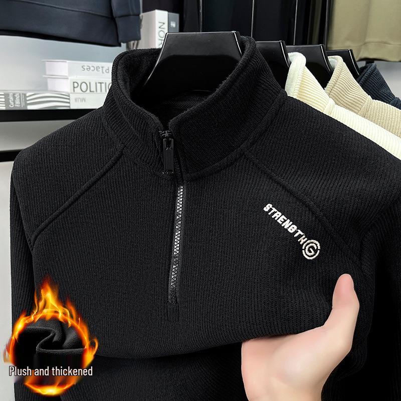 Men s High-Quality Embroidered Stand Collar Velvet Hoodie for Autumn/Winter Medium