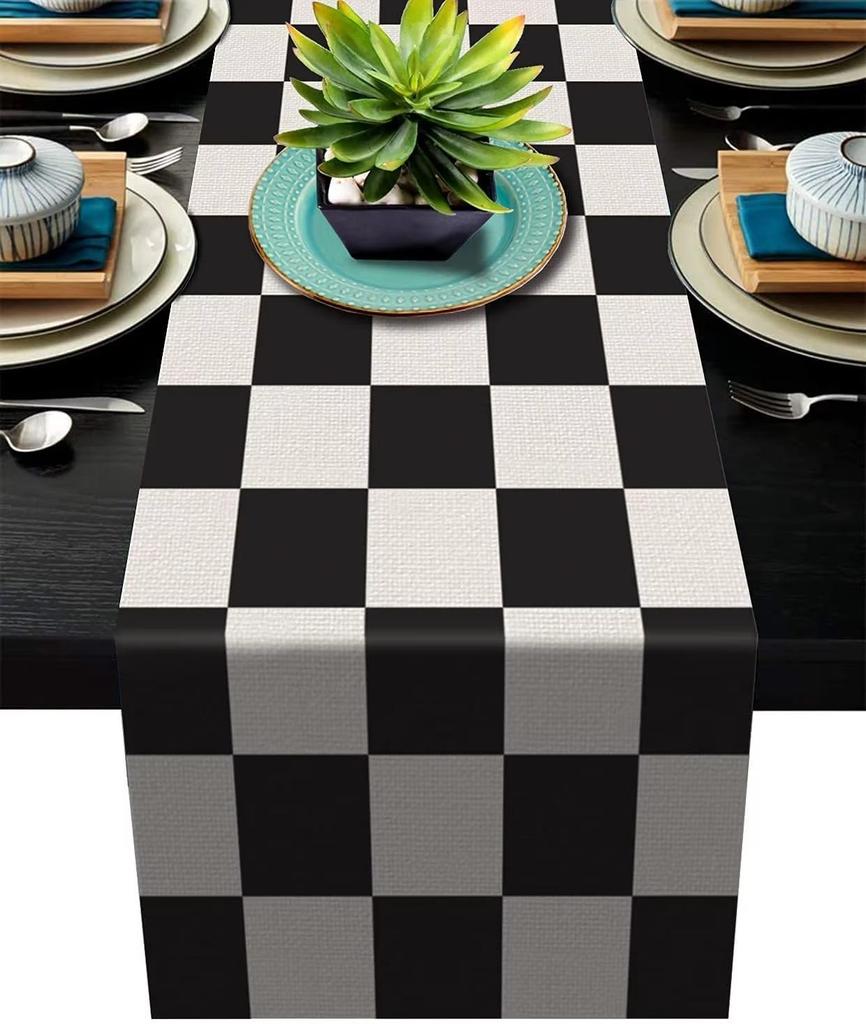 Table Runner 1PCS Geometric Stripe Linen Black & White Plaid Tablecloth Placemat Home Decoration Tablecloth Tea Flag