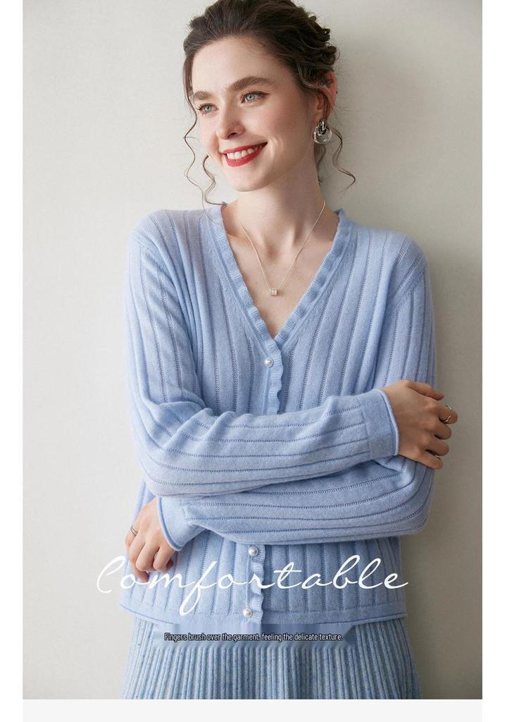 Women's Early Autumn Cashmere V-Neck Cardigan with Pearl Buttons - Slimming Knit Base Layer
