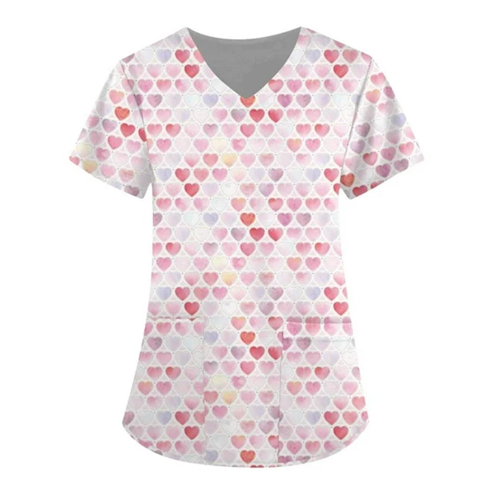 Nurse Uniform Women Valentines Day Love Print Gradient Short Sleeve Pocket Work Shirt Tunics Uniform Medical Nursing Scrubs Tops