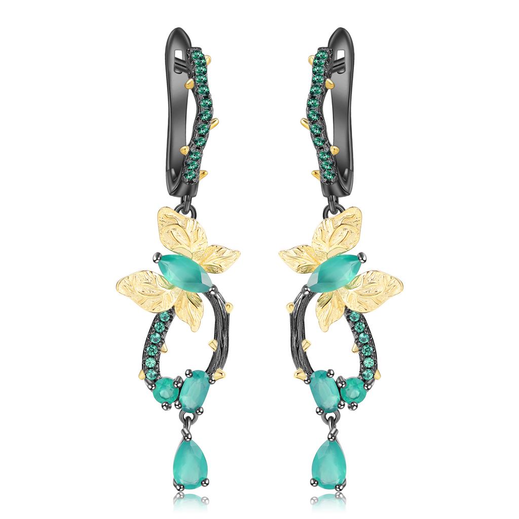 Boucles d'oreilles papillon design style naturel en argent s925 avec pierres précieuses naturelles et diopside