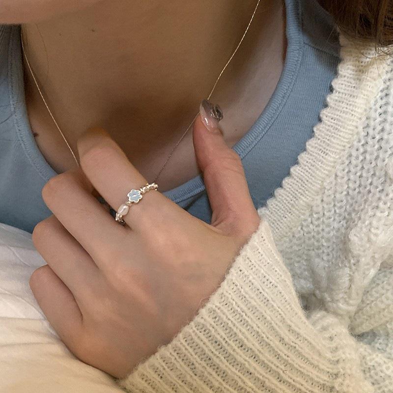 Bague Irrégulière Perle Émail Bleu Drip pour Femmes, Plaqué Argent S925, Bague Déclaration de Mode de Luxe