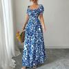 Women’s Elegant Floral Print Off Shoulder Maxi Dress with Puff Sleeves and Fitted Waist for Casual or Formal Wear