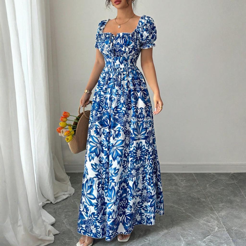 Women’s Elegant Floral Print Off Shoulder Maxi Dress with Puff Sleeves and Fitted Waist for Casual or Formal Wear