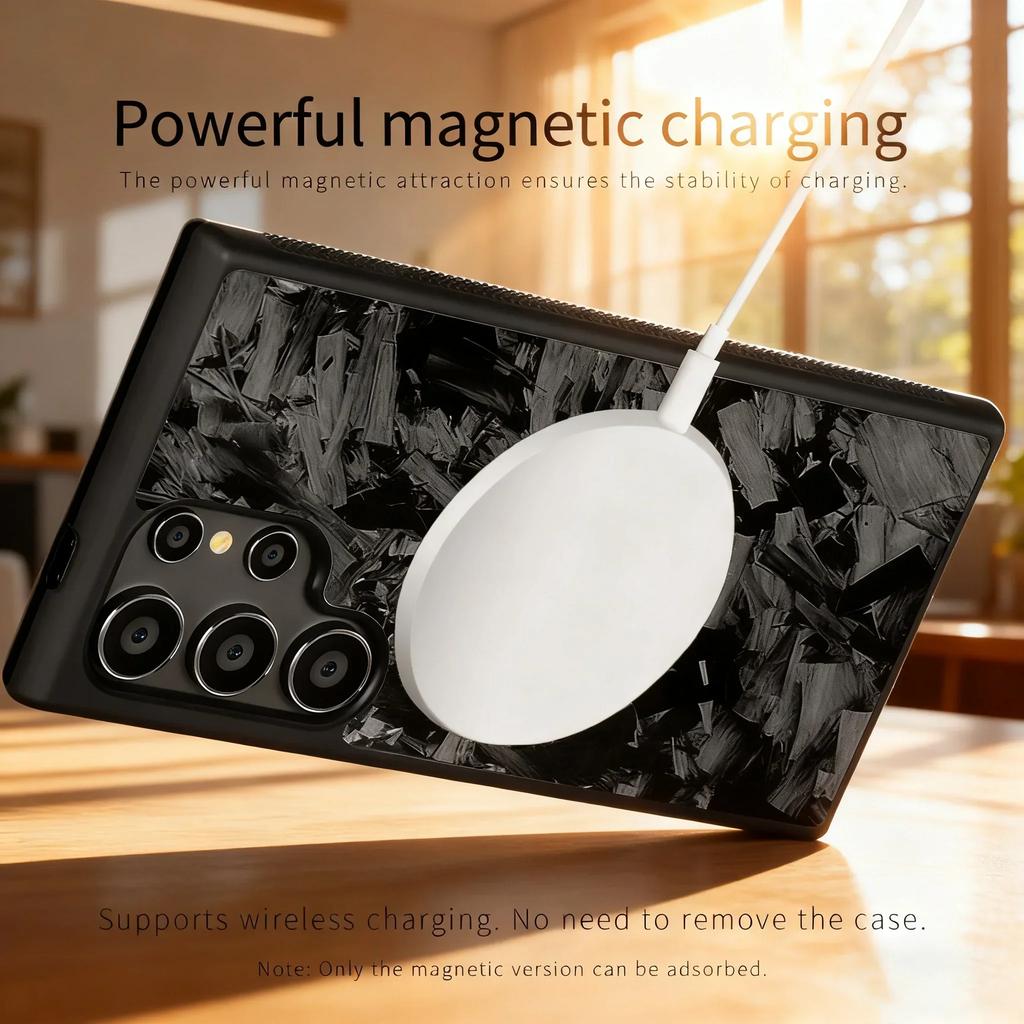 Luxury Carbon Fiber Texture MagSafe Case For Samsung Galaxy S25 S24 S23 S22 Plus Ultra Alloy Lens Shockproof Cover