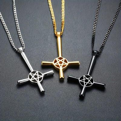 Nuova Collana con Ciondolo Stella Pentagramma Croce Invertita Per Uomo Lucifero Satana Gioielli Maschili